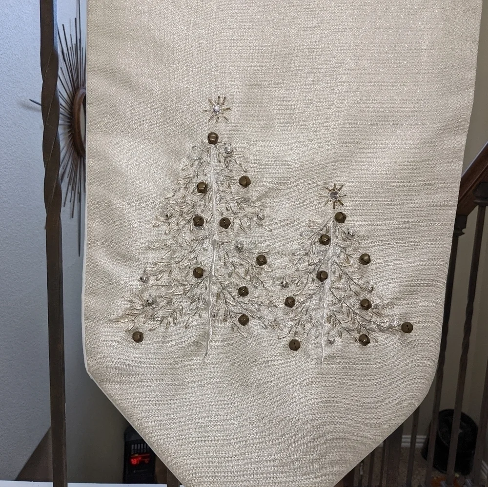 Snowy White Winter Holiday Table Runner with Jingle Bells